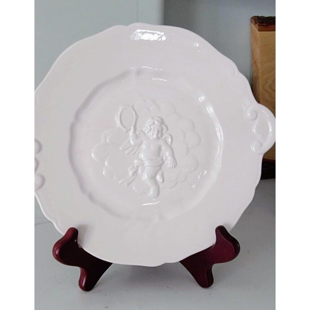Set 4 VTG Fitz & Floyd Omnibus Cherub White Angel Handle Serving Or Snack Plates